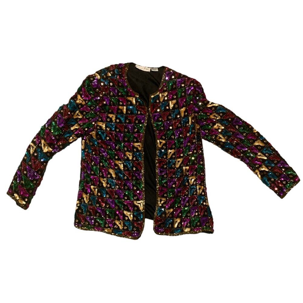 Vintage sequin Laurence Kazar blazer woman’s size medium silk rainbow